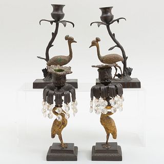 Pair of William IV Style Gilt-Bronze Crane Form Candlesticks and Similar Pair of Parcel-Gilt Candlesticks