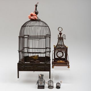 Five Wood and Wire Folk Art Birdcages of Varying Size