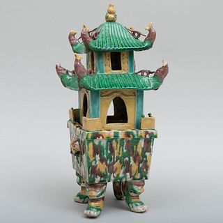 Chinese Tang Style Green, Ochre and Aubergine Glazed Porcelain Model of a Pagoda