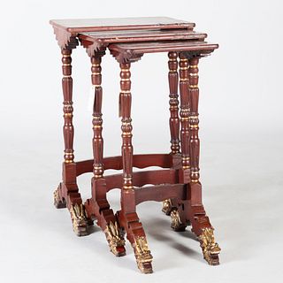 Set of Three Chinese Export Maroon Ground and Parcel-Gilt Nesting Tables