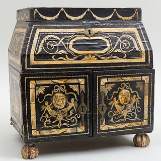 English Paper Decorated Wood Work Box with Silk Work Drawers