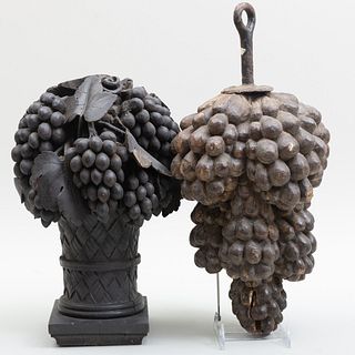 Continental Carved and Parcel-Gilt Grape Cluster and a Grape and Urn Form Stained Wood Finial