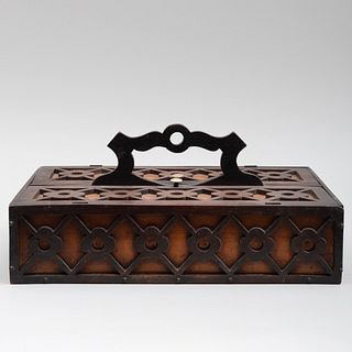 Victorian Mahogany Trellis Decorated Portable Cutlery Box with Bone Knobs