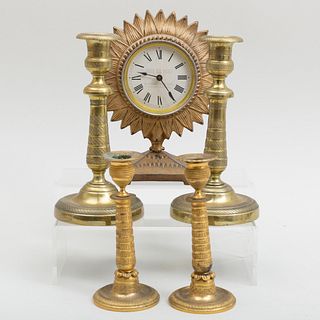 Two Pairs of Charles X Style Gilt-Metal Candlesticks and an American Gilt-Metal Sunflower Clock