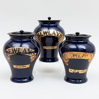 Three Royal Doulton Bewlay's Apothecary Glazed Pottery Jars with Tin Lids