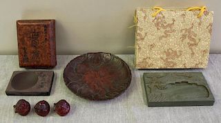 Carved Wood Plate, 3 Wood Carvings & 2 Ink Stained
