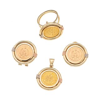 Anillo, pendiente y par de aretes con monedas en oro amarillo de 21.6k y 14k. 4 monedas de dos y medio pesos oro 21.6k. Talla; 6...