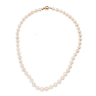 Collar con 52 perlas cultivadas color blanco de 7 mm. Broche en oro amarillo de 14k. Peso: 38.1 g.