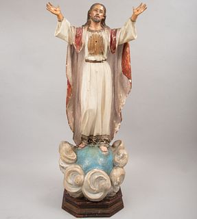 Sagrado Corazón de Jesús. México, Siglo XX. Talla en madera con aplicación de pergamino. Con base. Policromado. Presenta m...