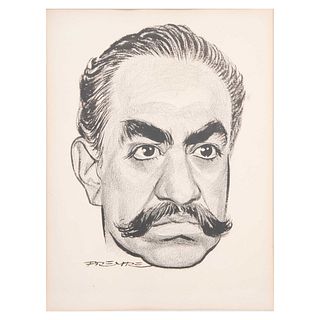 Freyre, Rafael. Firmada. Caricatura del político Adalberto Villalpando Nova. Tinta sobre papel. Enmarcada. 27 x 21 cm
