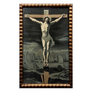 Crucifixión. Siglo XX. Elaborado en tela a máquina. Enmarcado. 48 x 29 cm.