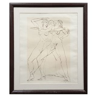 Raúl Anguiano. Tres desnudos femeninos. Firmada. Litografía E/E. Enmarcado. 54x44 cm
