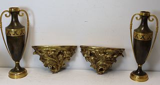 Pair Of Gilt And Patinated Urns Together With