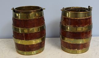 Pair Of Antique Brass Mounted Barrel Form Coolers