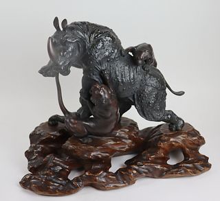 Signed Japanese Bronze Of A Rhino Under Attack