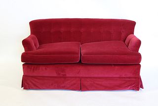 Vintage Red Velvet Upholstered Settee .