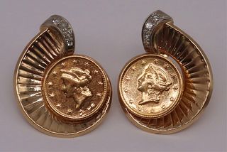 JEWELRY. 14kt Gold, Coin, and Diamond Earrings.