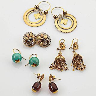 FIVE PAIRS ANTIQUE YELLOW GOLD EARRINGS