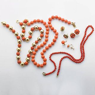 COLLECTION OF CORAL BEAD AND YELLOW GOLD JEWELRY