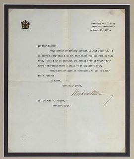 Governor Woodrow Wilson Letter Signed, October 10, 1911