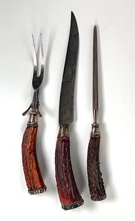19th Century Antler Horn & Silver Carving Set
