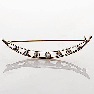 DIAMOND AND 14K YELLOW GOLD CRESCENT BROOCH