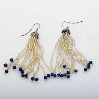 SEED PEARL AND LAPIS FRINGE EARRINGS