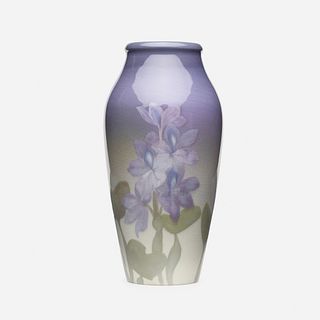 John Dee Wareham for Rookwood Pottery, Iris Glaze vase with water hyacinth