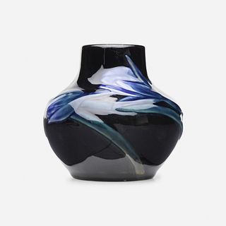 Matthew Daly for Rookwood Pottery, Black Iris vase with carved crocuses