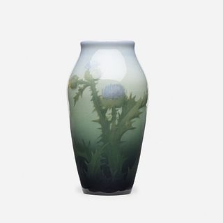 Lenore Asbury for Rookwood Pottery, Iris Glaze vase with thistles
