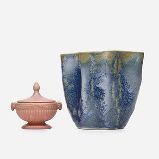 Rookwood Pottery, Pink Mat lidded vessel and Vista Blue vase