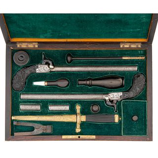 A Most unusual Cased Set of Belgian Boxlock Percussion Pistols with Exchange Barrels and Gilt Brass Dagger