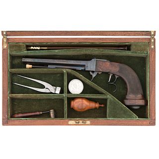 A Gosset Type French Underhammer Percussion Pistol Signed Chaubet, Bordeaux Ca 1840 in Associated Case