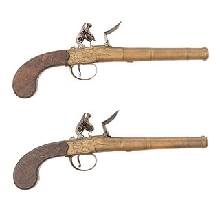 Good Pair of English Brass-barreled Turn-off Boxlock Flintlock Pistols by Bunney (1766-1825)