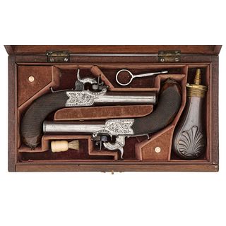 Cased Pair of English Percussion Single-Shot Pistols by Squires