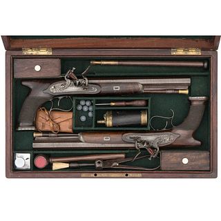 Cased Pair of Saw Handle Flintlock Pistols by Tirebuck of London