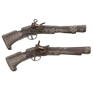 A Good Pair of 18th Century Silver Mounted Mexican Miquelet Blunderbuss Pistols