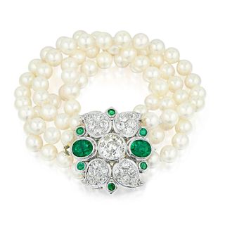 Rene Boivin Cultured Pearl Diamond and Emerald Bracelet