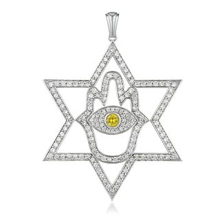 Diamond and Yellow Sapphire Star Hamsa Pendant