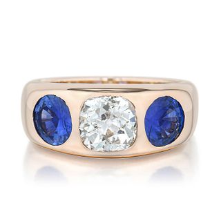 1.41-Carat Old Mine-Cut Diamond and Sapphire Ring