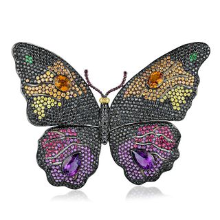 Large Butterfly Multi-Colored Gemstone and Diamond Brooch