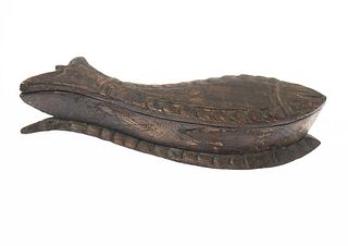 A 19TH CENTURY WOODEN SPICE BOX, carved as a fish, the pivoting cover openi