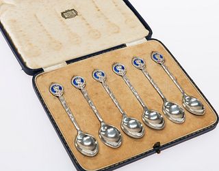 A SET OF SIX SILVER AND ENAMEL ROYAL COMMEMORATIVE SPOONS, WILLIAM HAIR HAS