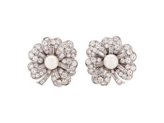CULTURED PEARL AND DIAMOND FLOWER EARCLIPS