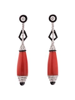 DIAMOND, CORAL AND ONYX EARRINGS