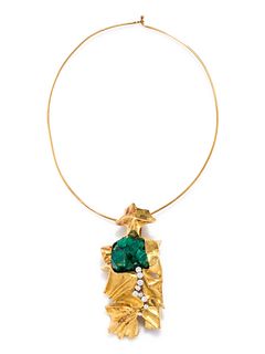SPRITZER & FUHRMANN, YELLOW GOLD, SYNTHETIC EMERALD AND DIAMOND PENDANT/BROOCH COLLAR NECKLACE