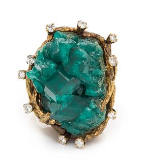 RONAY, YELLOW GOLD, SYNTHETIC EMERALD AND DIAMOND RING