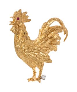 YELLOW GOLD AND DIAMOND ROOSTER BROOCH