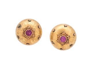 BUCCELLATI, YELLOW GOLD AND RUBY EARCLIPS