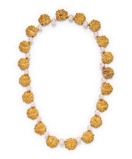 BUCCELLATI, YELLOW GOLD AND CULTURED PEARL LEAF MOTIF NECKLACE